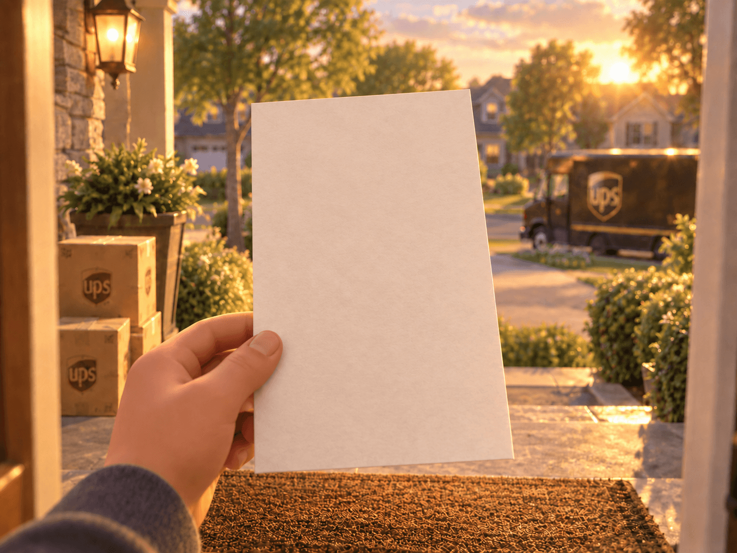 A hand holding the letter at the front door